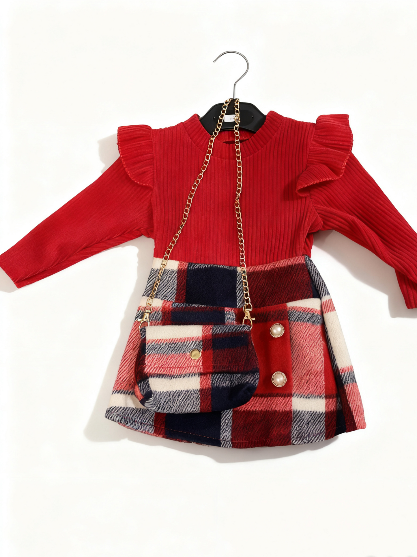 Red tartan dress and bag set 