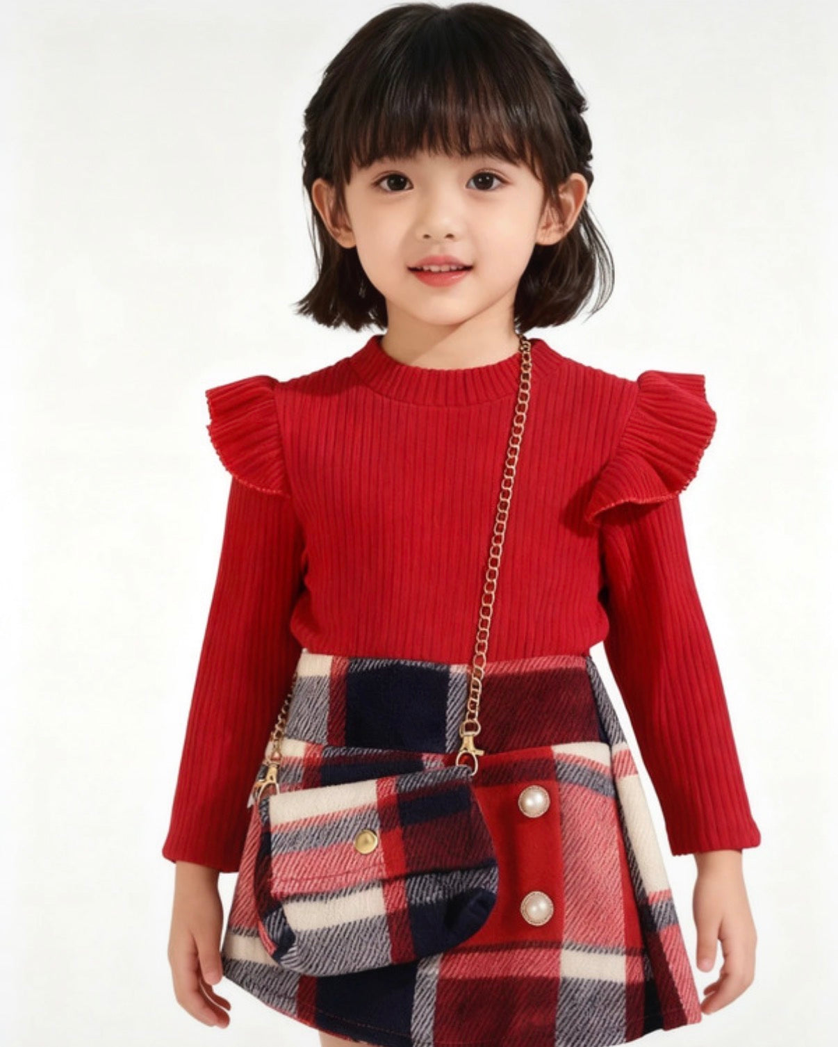 Red tartan dress and bag set 